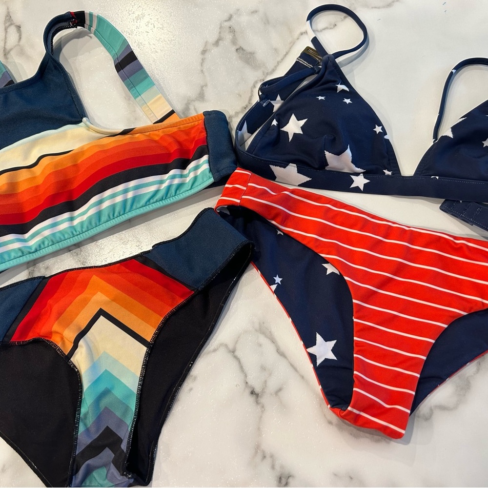 Set of 2 Rip Curl Bikinis XS: Surf Daze and American Flag tops AND bottoms